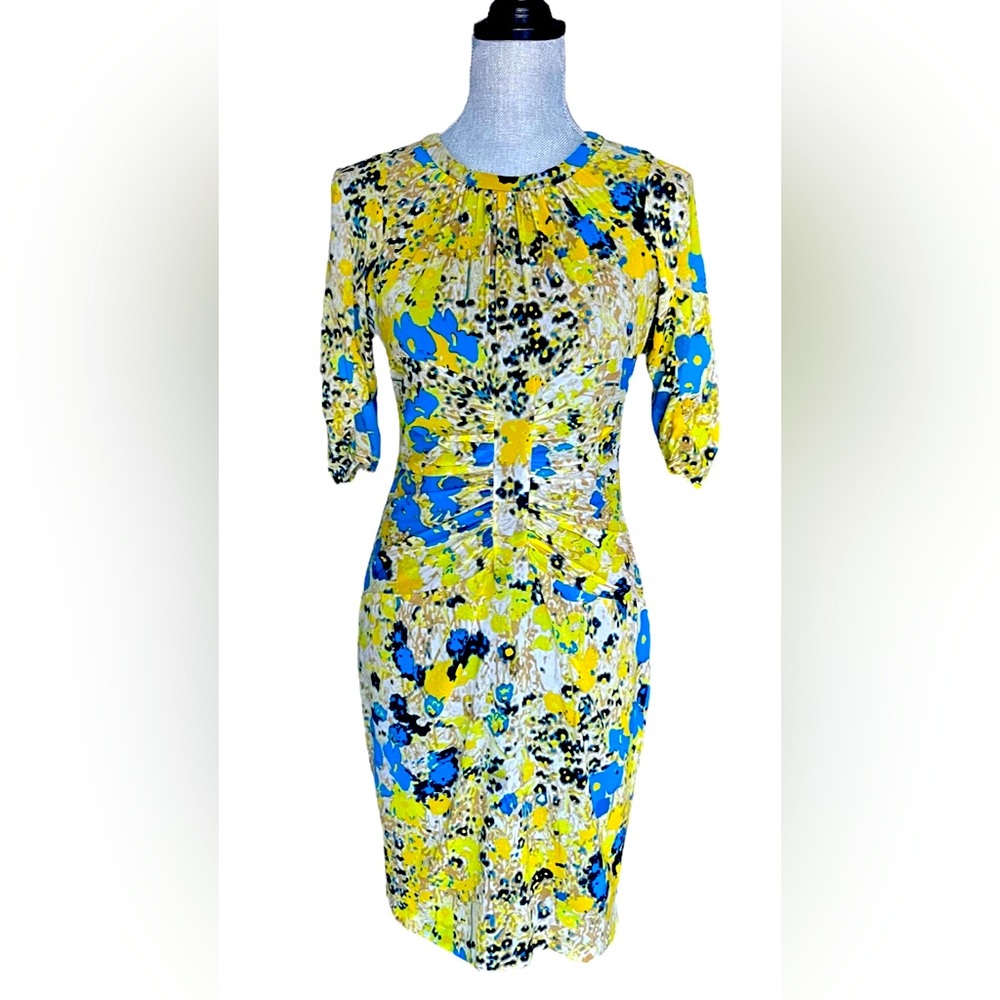 WHISTLES UK Bella Yellow Blue Silk Blend Zip Back Sheath Dress Size 6 Bodycon